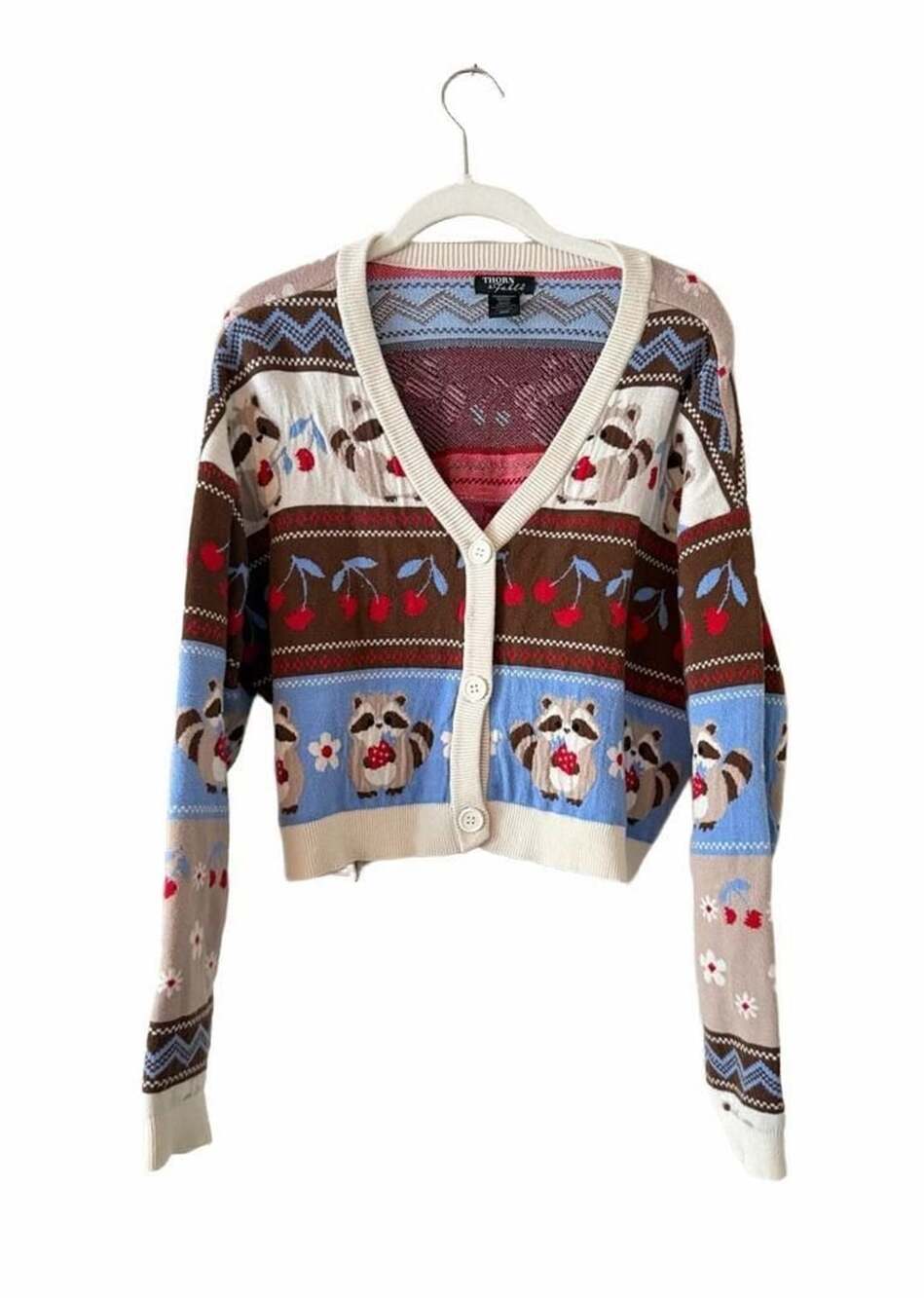 Cottage core cozy Thorn & Fable Raccoons And Cherries Cardigan Size M